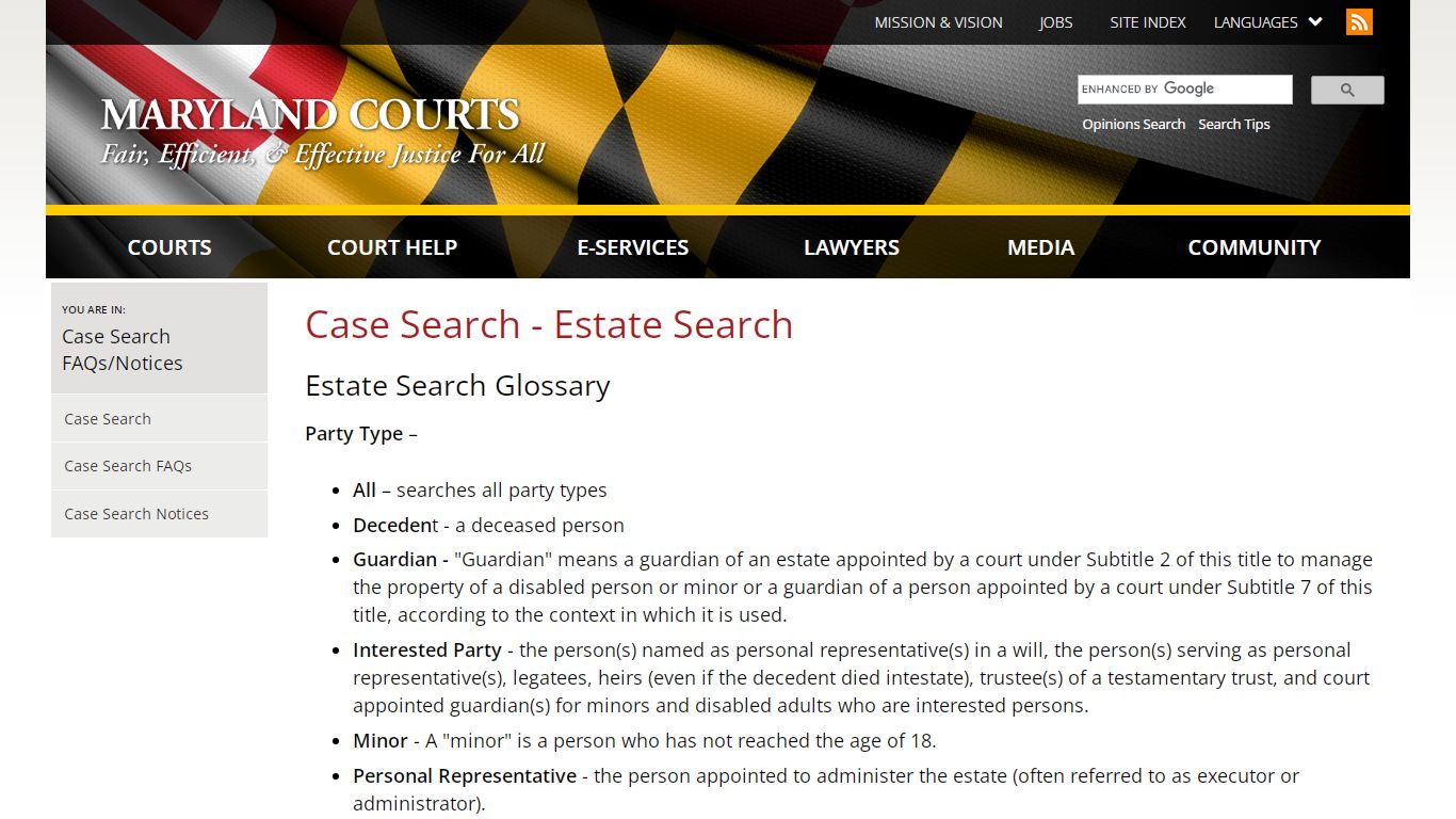 Case Search - Estate Search | Maryland Courts